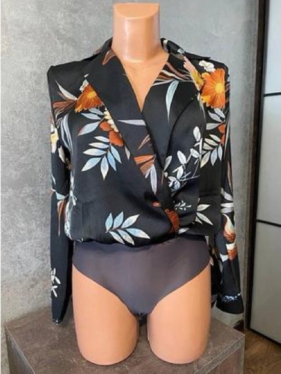 Zara Tops - Zara Black Floral Wrap Bodysuit with Orange and Cream Blooms